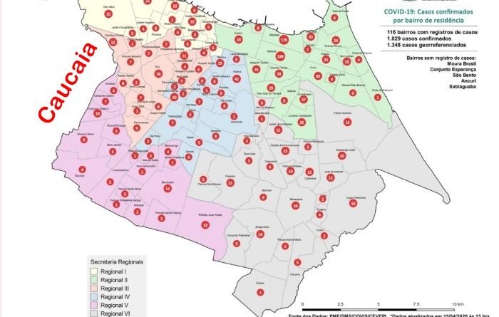 A Secretaria Municipal de Saúde de Fortaleza divulgou nesta quarta-feira (15) mapa com cenário epidemiológico da Covid-19 por bairro